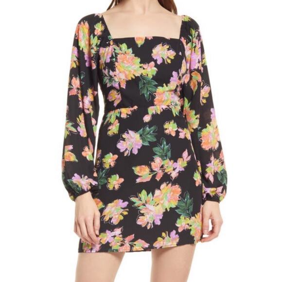 Nordstrom All in Favor Black Short Mini Tropical Floral Dress XS Party Going Out - Picture 1 of 12